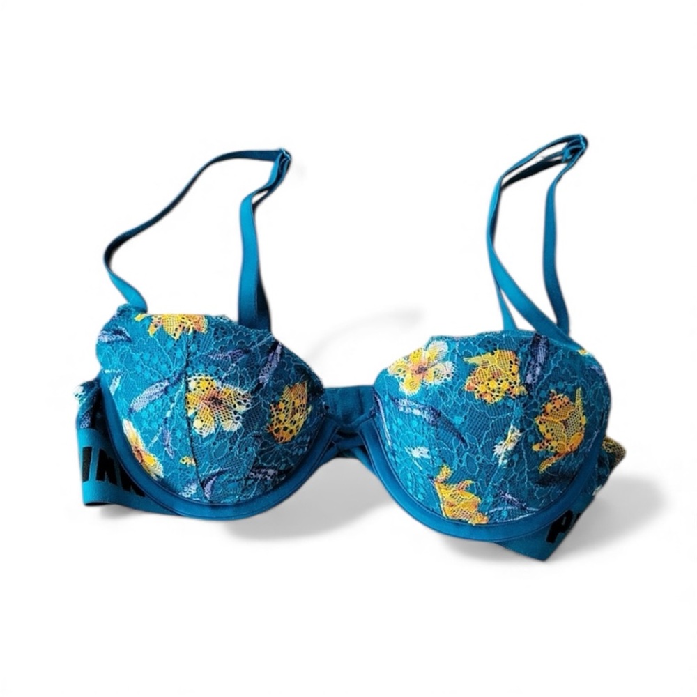 PINK Victoria's Secret Teal Floral Lace Underwire Padded Push Up Bra Sz 32B